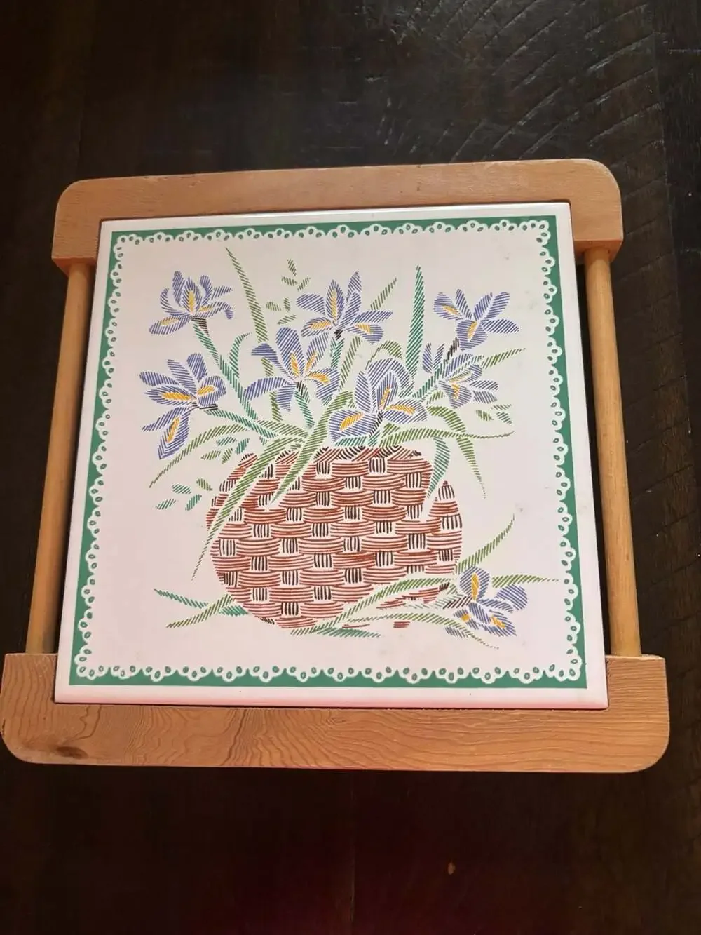 Orient Vintage Ceramic Tile Trivet Hot Plate with Floral Basket and Wood Frame